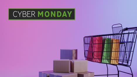 Animation-of-cyber-monday-text-over-shopping-trolley,-bags-and-boxes