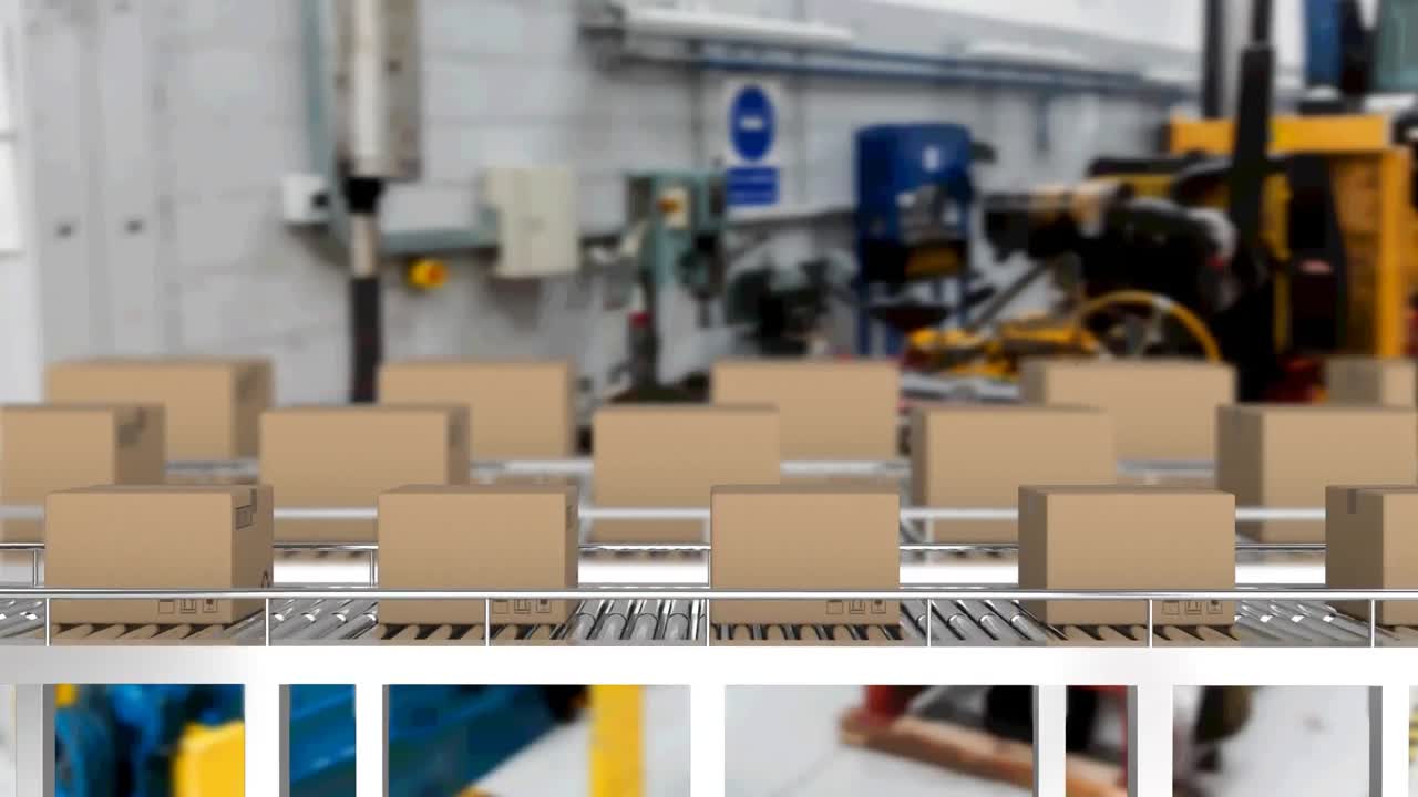 컨베이어 벨트 위에서 움직이는 카드보드 상자의 애니메이션
