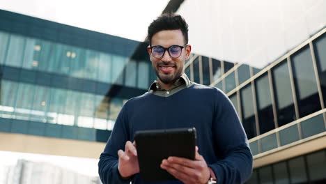 Tablet,-smile-and-businessman-in-the-city-doing