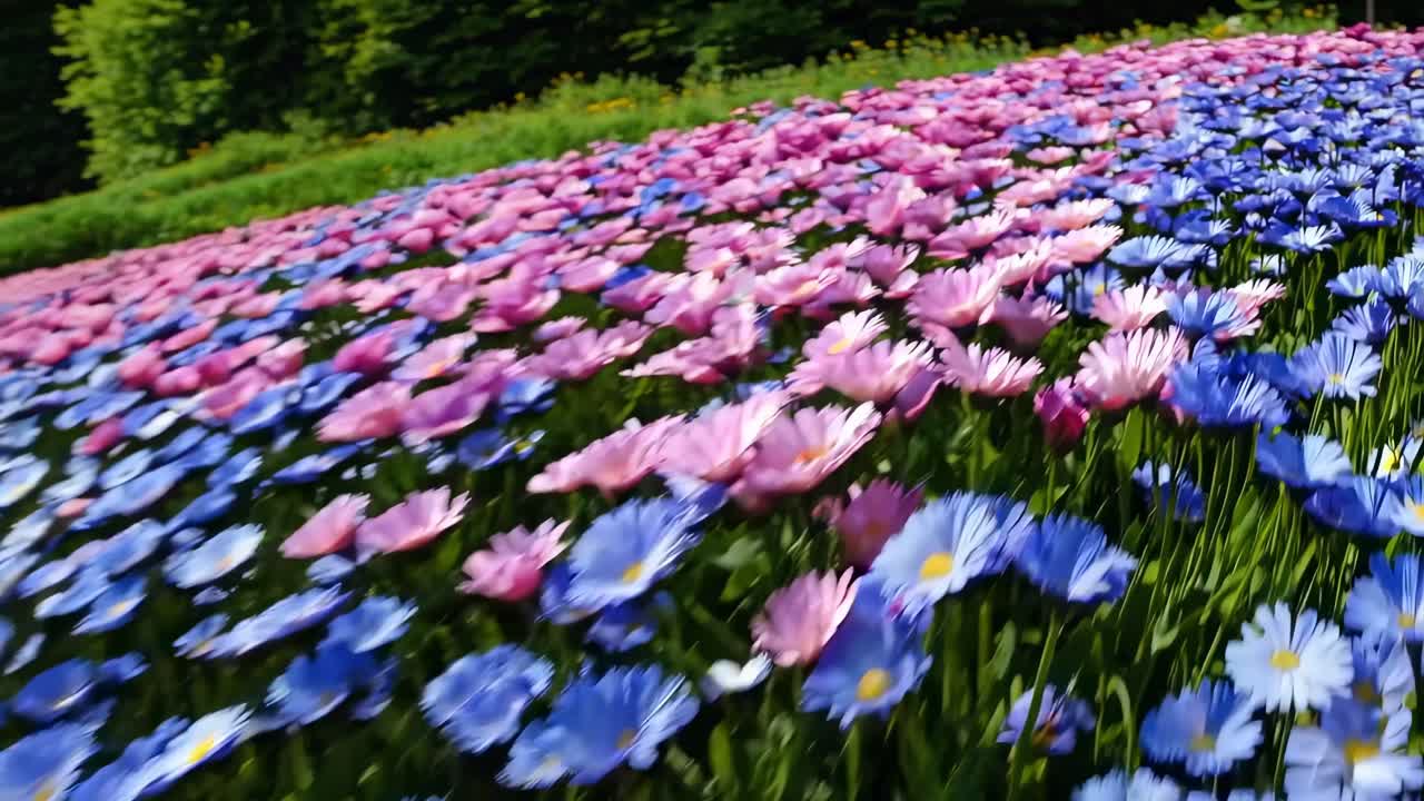 A vibrant field of blue flowers captured in a dynamic low-angle shot, creating a sweeping, immersive