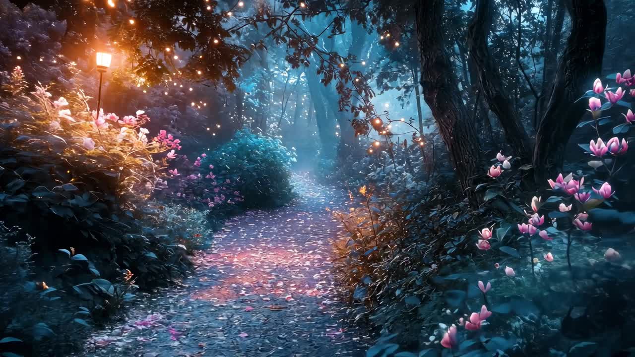 A mystical forest path with glowing flowers and lights, captured from a low angle