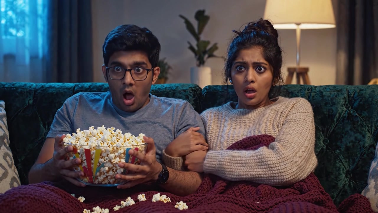 Una coppia condivide una serata film ricca di suspense, esprimendo emozioni contrastanti mentre si gode i popcorn sotto coperte accoglienti nell'atmosfera del loro soggiorno.