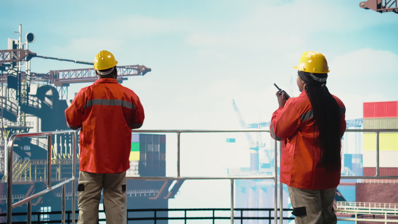 Vertical video Offshore platform engineer talking in walkie talkie, following safety protocols
