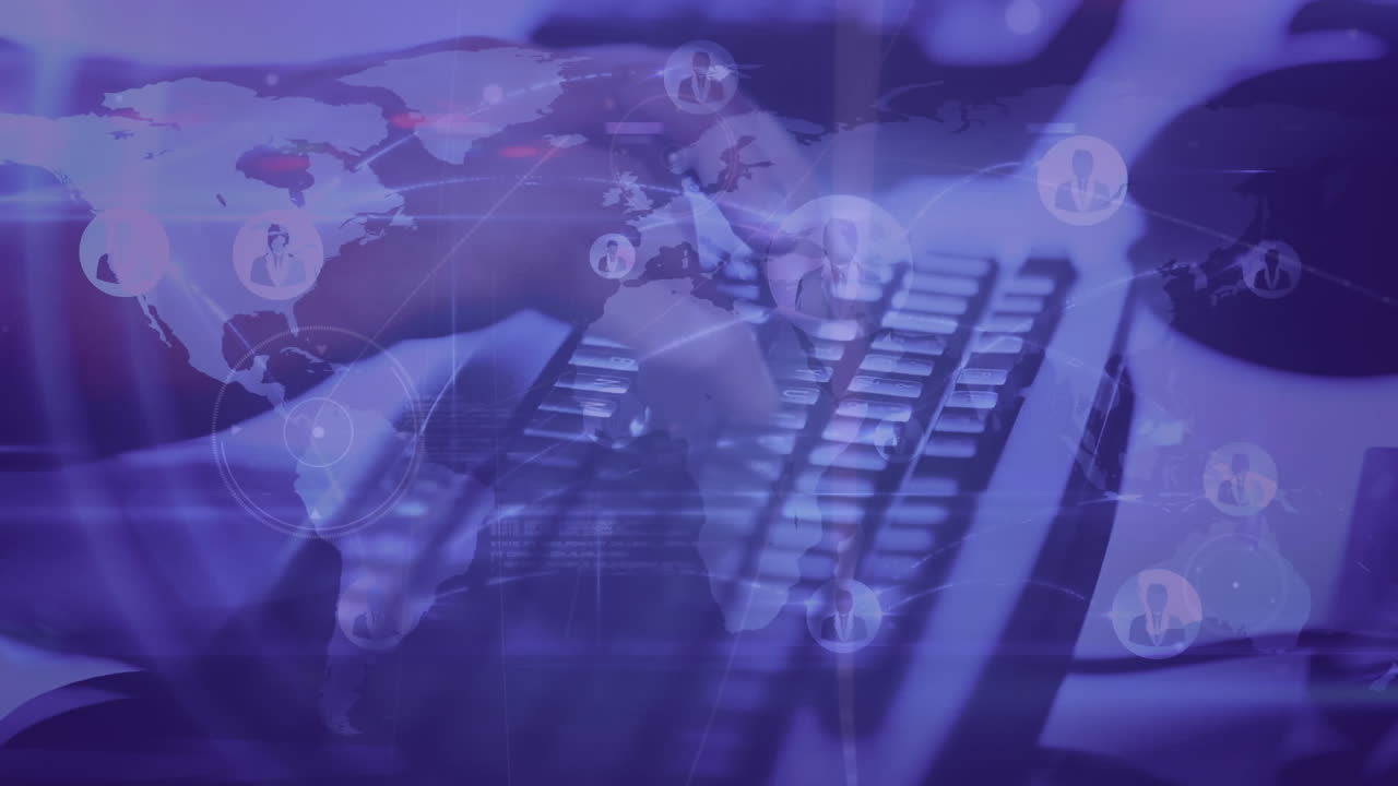 컴퓨터 키보드에서 타이핑하는 사람에 대한 연결 네트워크의 애니메이션