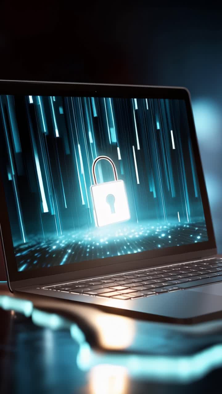Uno schermo di computer che mostra un'icona di lucchetto chiuso che simboleggia la sicurezza e la privacy dei dati in un mondo digitale con effetti di luce e uno sfondo sfocato.