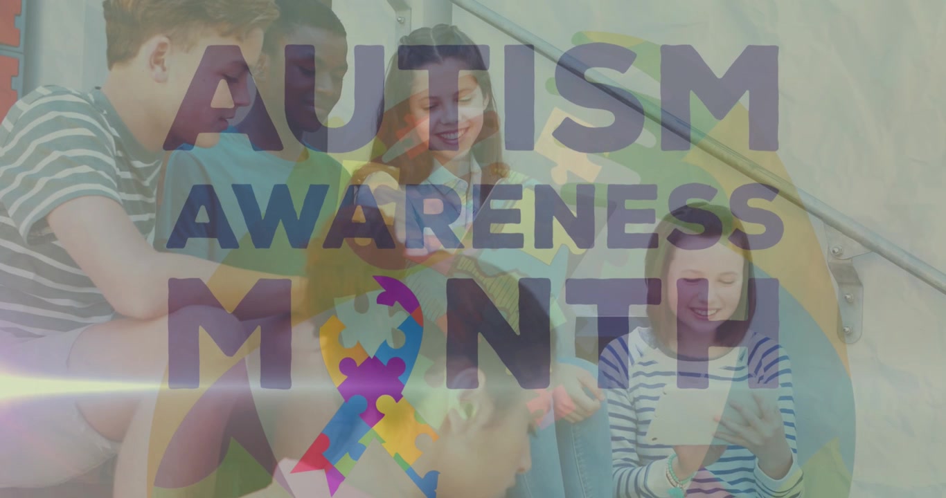 Animación de texto del mes de concienciación sobre el autismo sobre escolares diversos