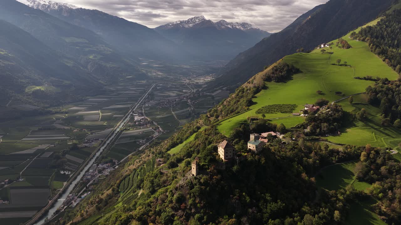 Juval castle, medieval castle 1000 meters above sea level over looking valley in South Tyrol, Italy. Aerial video