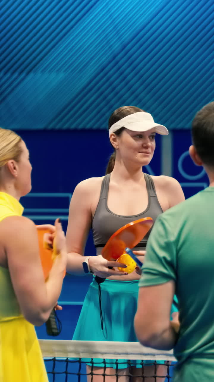 Two men and two women talking after playing pickleball on a blue, inside court. Vertical