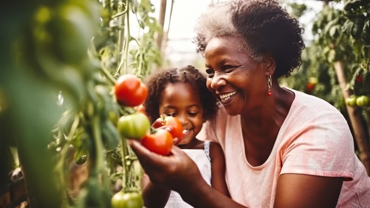 A joyful grandmother and granddaughter pick tomatoes in a garden
