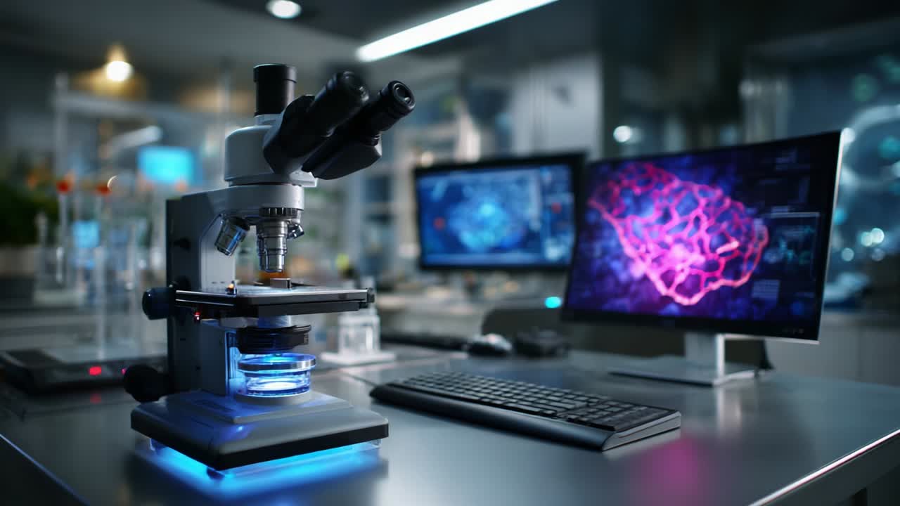 An Enhanced Microscope Setup in a Modern Laboratory, Featuring High-Tech Equipment, Advanced Imaging on Dual Monitors, and Detailed Samples Under Analysis in a Cutting-Edge Research Environment