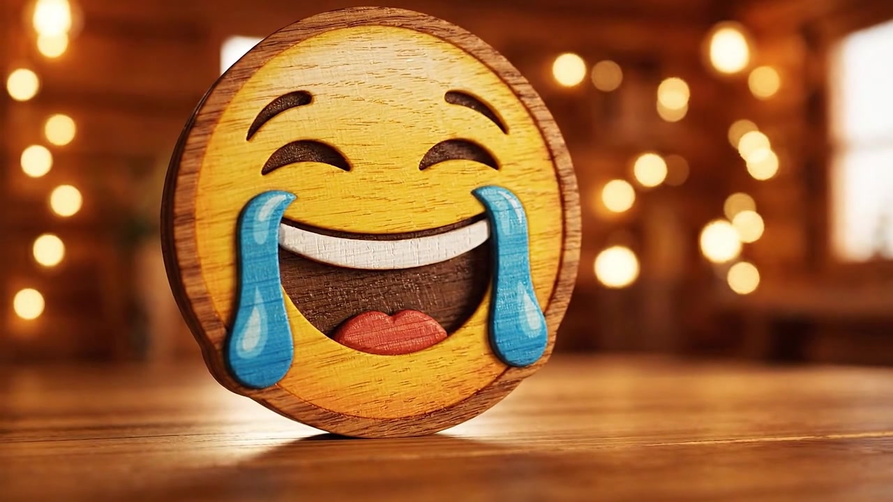 Un'emoji in legno accattivante che raffigura risate con lacrime, perfettamente catturata su uno sfondo caldo e delicatamente illuminato, creando un'atmosfera allegra nella scena