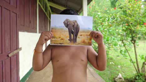 boy holding picture of elephant
