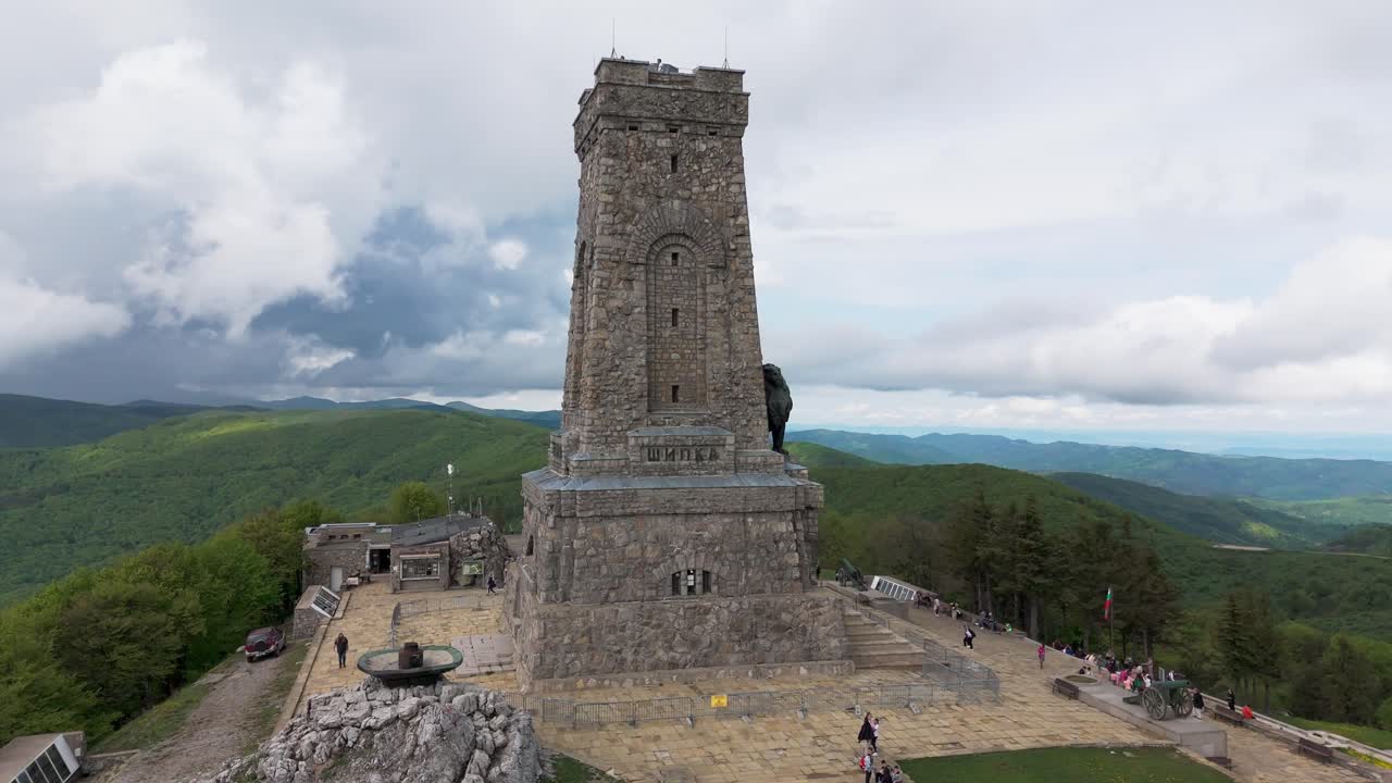 Aerial view of Shipka Monument in spring with a 360-degree rotation.