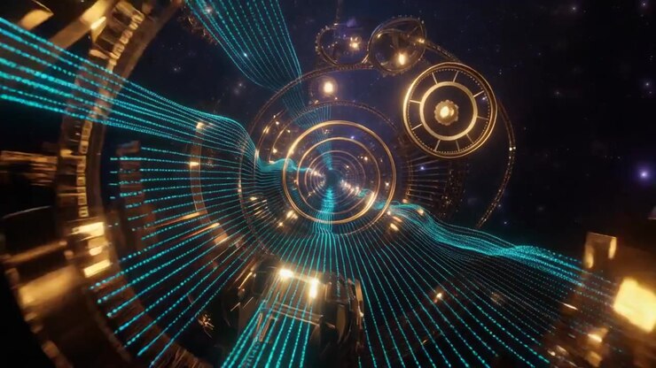 Abstract 3D Animation of Golden Gears and Glowing Blue Data Streams