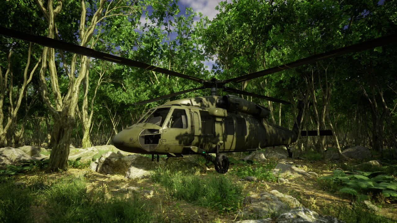Military helicopter poised among lush green foliage in vibrant jungle setting