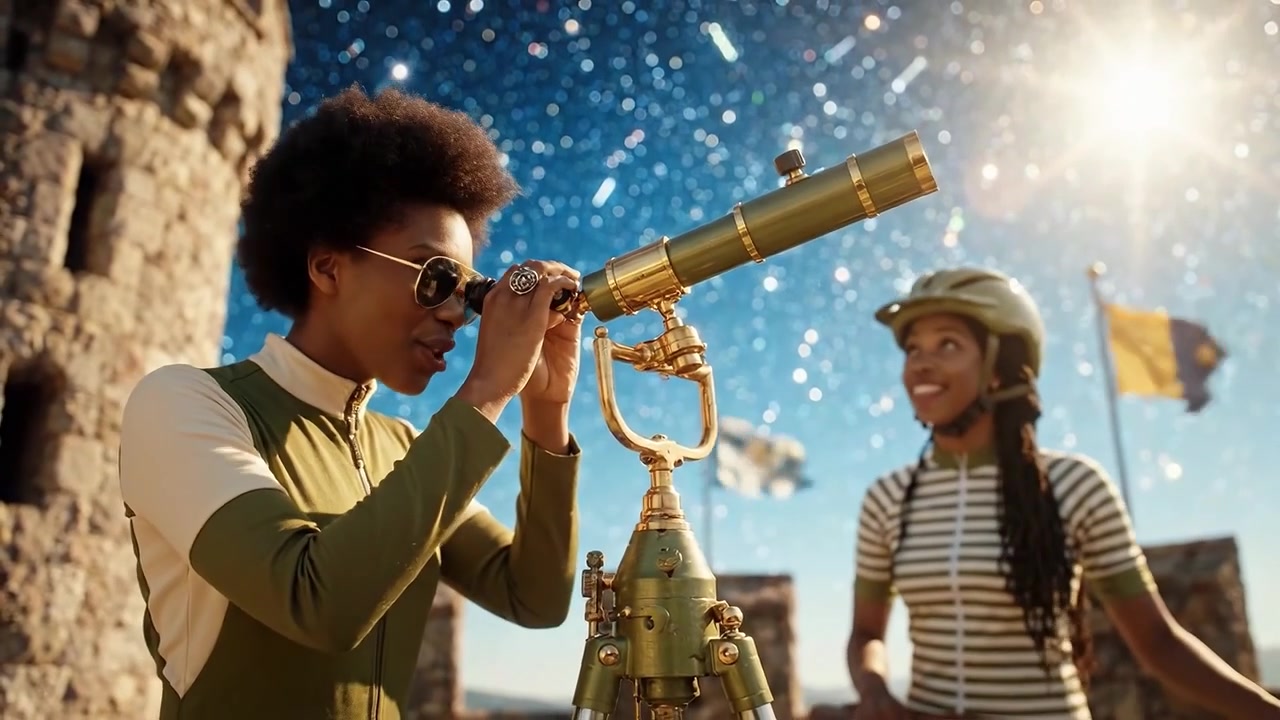 Zwei Freunde genießen die Sternenbeobachtung mit einem Teleskop auf einer Burg, umgeben von einem Sternenhimmel, während Fahrräder in der Nähe stehen, in einem fantasievollen Abenteuer.