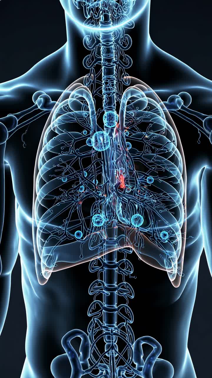 A digital illustration of a human torso with glowing organs, viewed from a frontal angle