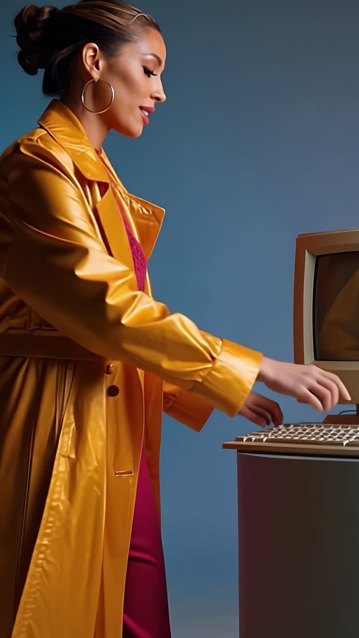 Un individuo alla moda in un impermeabile giallo che interagisce con un vecchio computer, combinando stile retrò con un atteggiamento moderno in un'ambientazione colorata e sorprendente.