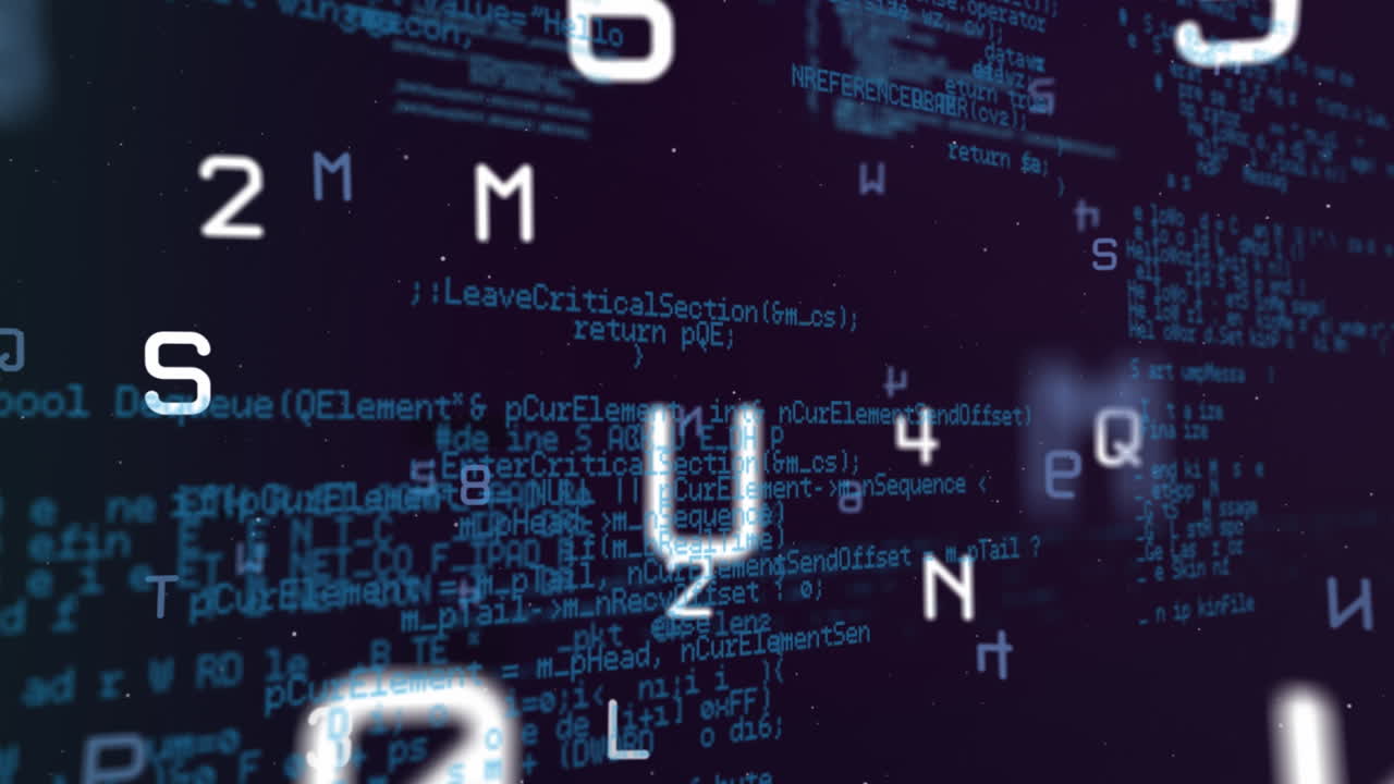 Animation of letters, numbers and data processing on dark background