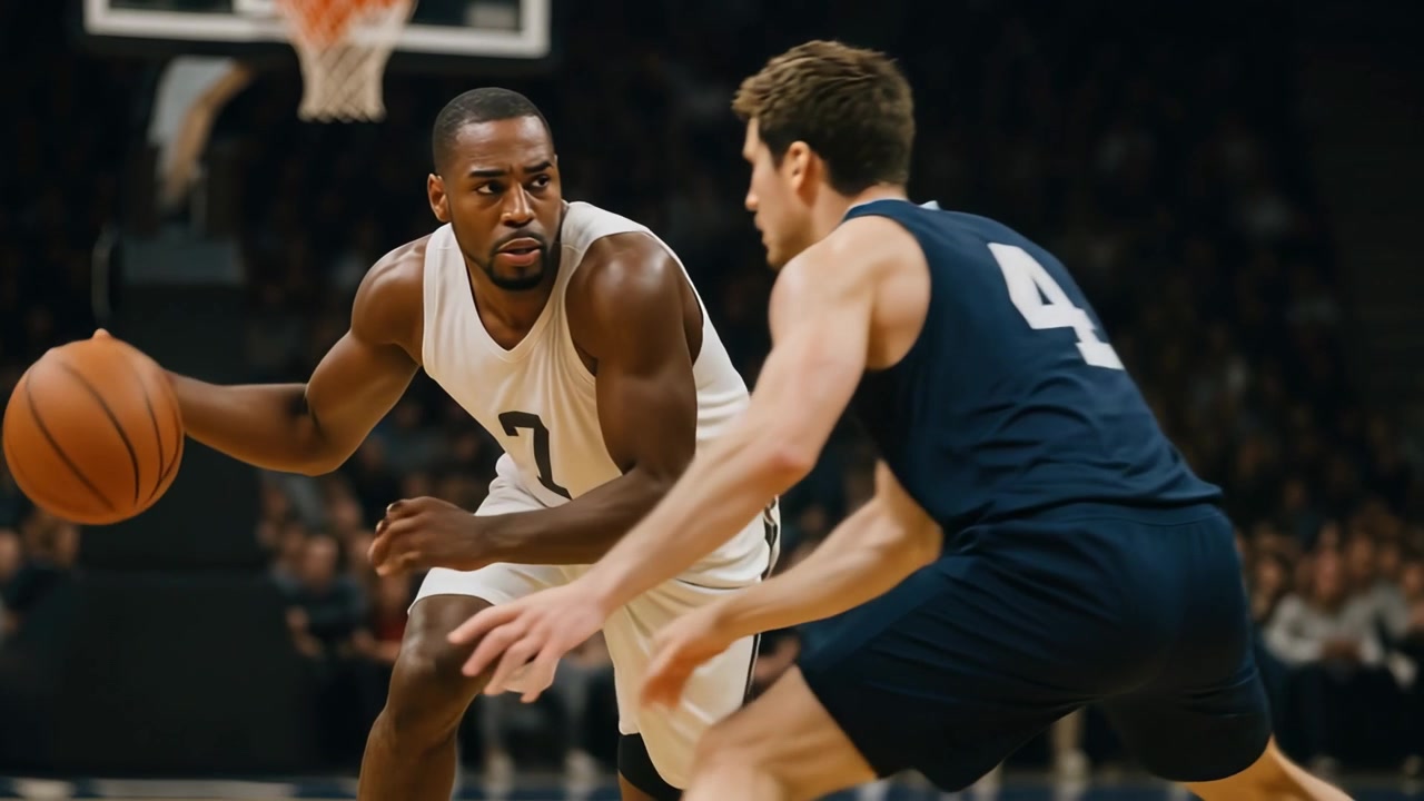 Jugador de baloncesto masculino botando el balón mientras es defendido