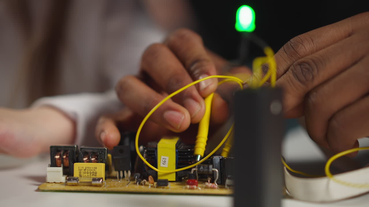 техник касается диодов с зондами, показывающими маленького студента