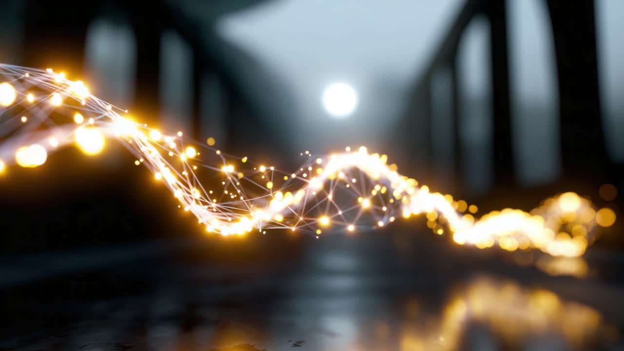 Un'ipnotica esposizione di luce ed energia fluisce attraverso un ambiente nebbioso, creando un'esperienza visiva eterea con movimento dinamico e particelle vibranti.