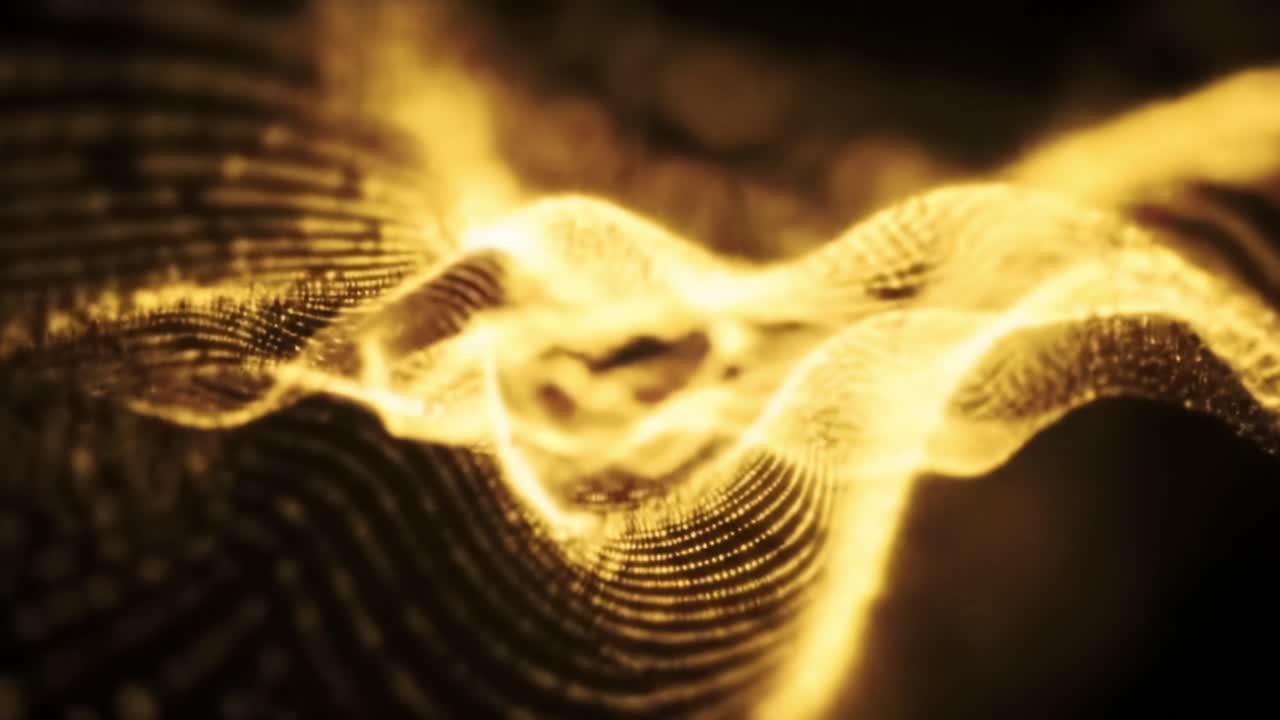 High-energy patterns create beautiful golden waves against a dark background, showcasing an abstract artistic expression. The flowing designs capture dynamic movements and intricate details.