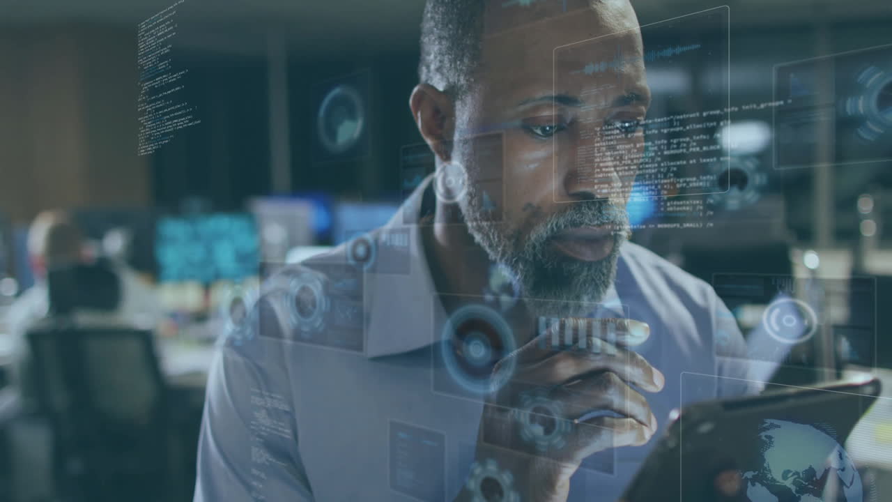 Animation of financial data processing over african american businessman in office