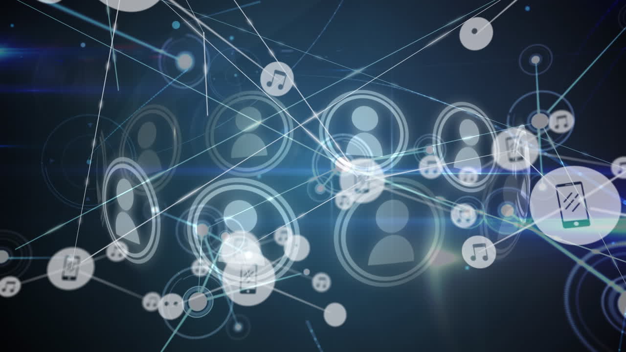 미디어 및 음악 아이콘의 성장하는 네트워크의 애니메이션, 사람들의 원을 통해 데이터를 전송하는 아이콘