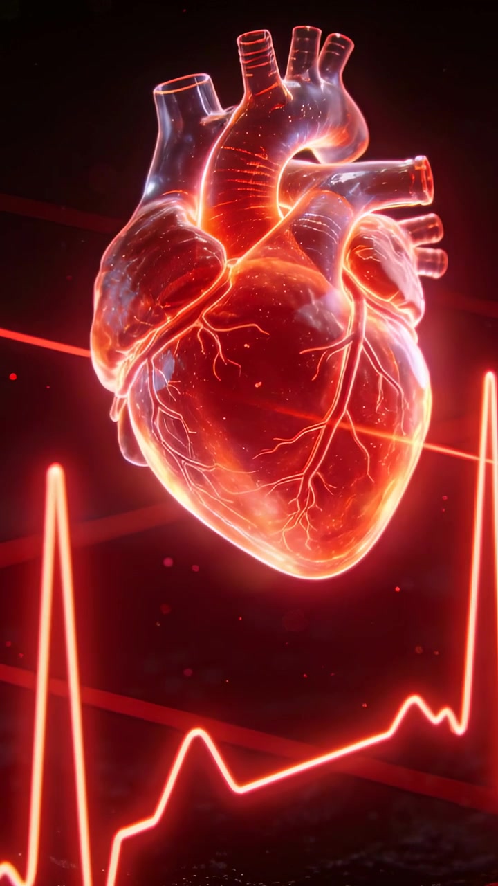 Vertical video: Pulsing CGI heart model responding to neon ECG waveform, rotating in dark studio