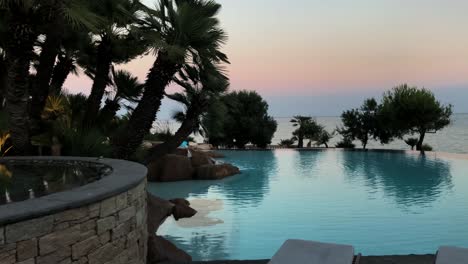 View-of-an-idyllic-garden-with-infinity-pool,-palms-and-trees-next-to-the-sea