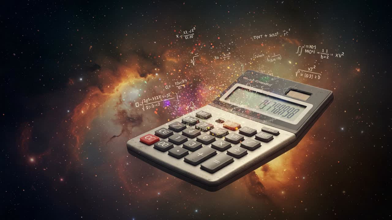 A Cosmic Calculation: A Calculator Surrounded by Cosmic Elements and Mathematical Formulas, Blending Science with the Mystique of the Universe