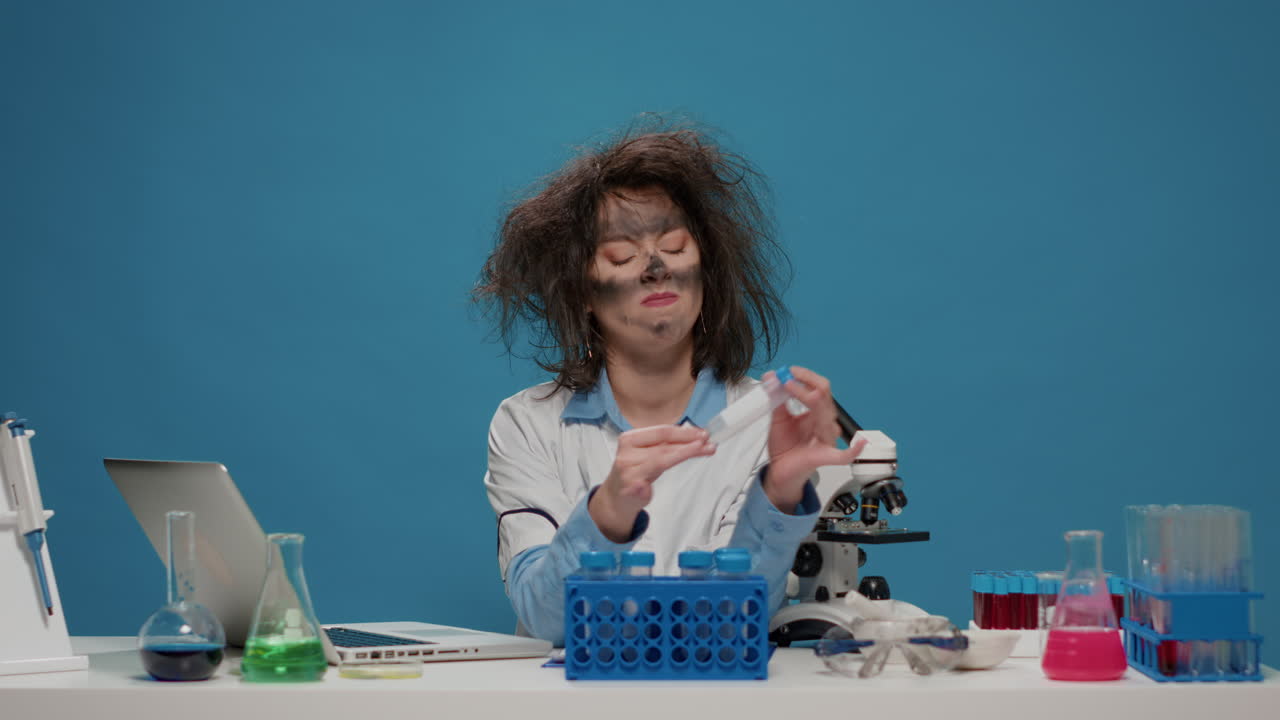 Funny insane female scientist looking at test tubes on desk