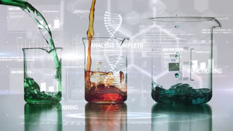 Animation-of-dna-strand-and-data-processing-over-beakers-with-liquid