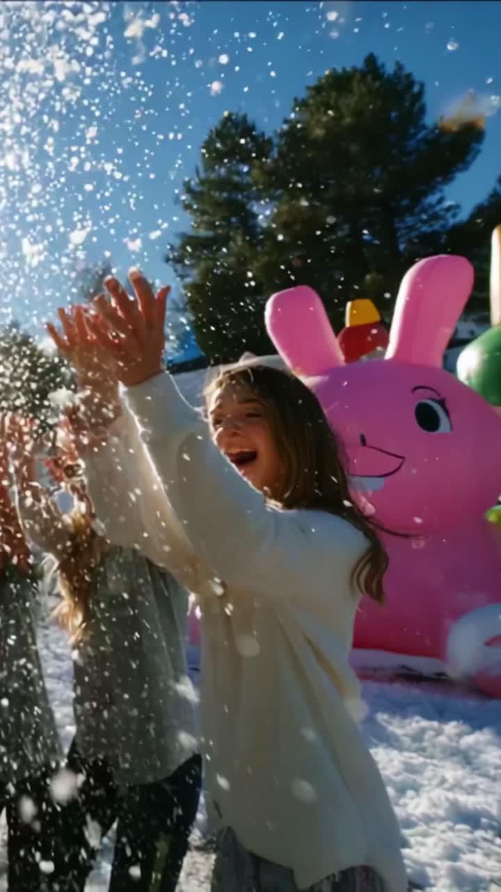 Joyful Winter Playtime: Kids Laughing and Enjoying a Snowy Day Surrounded by Colorful Inflatable Characters