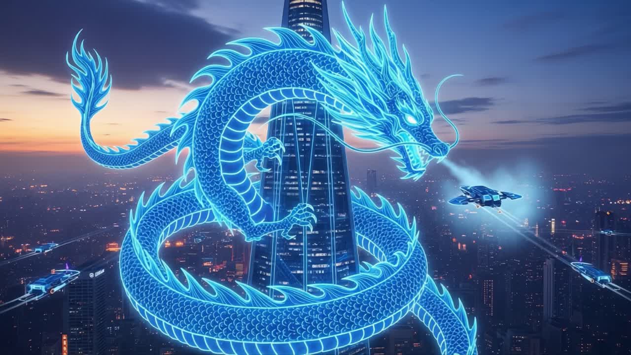 A Stunning Neon Dragon Loops Around a Tower, Illuminating the City Skyline with Futuristic Ships Flying Nearby at Twilight