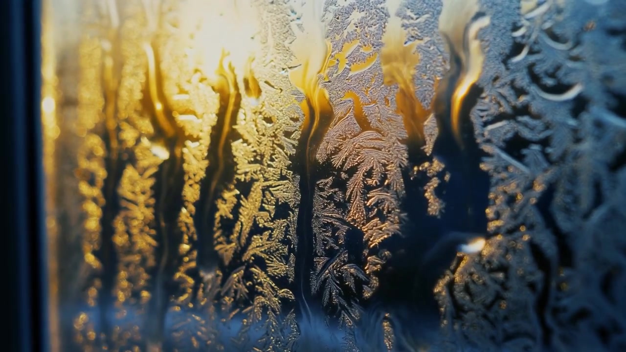 夕焼けに染まる霜の降りた窓ガラスを伝う水滴