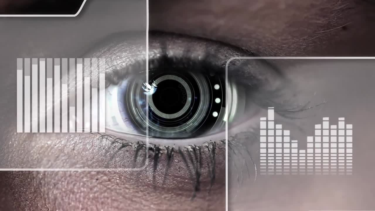 animación de múltiples gráficos en movimiento sobre túnel futurista en el ojo humano.