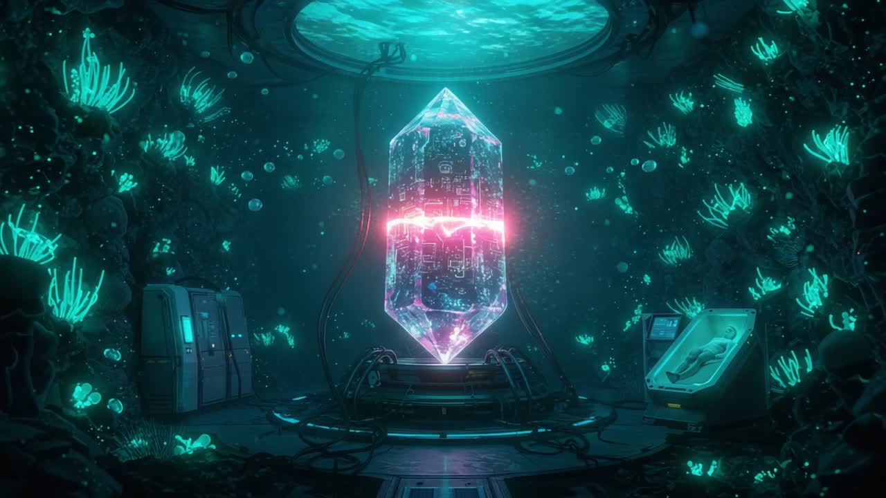 A mesmerizing crystal structure illuminated by vibrant neon lights, floats in an ethereal underwater environment surrounded by bio-luminescent flora and high-tech equipment