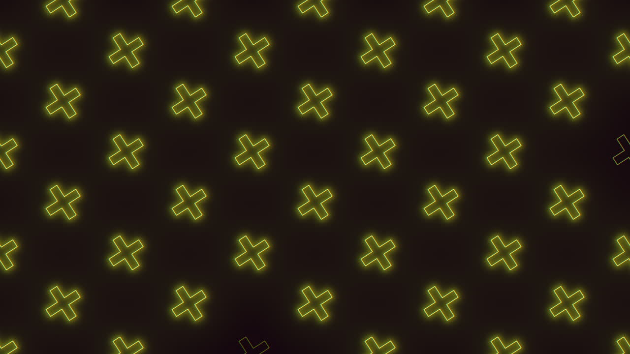 Glowing neon plus symbols pattern on dark background, abstract tech footage