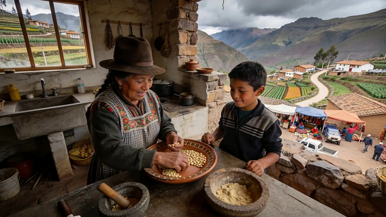 Hat-wearing woman lifting kernel teaching boy helping at kitchen, sorting with clay bowl mortar