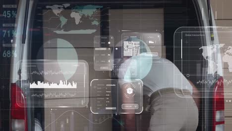 animation of data processing on screens over caucasian delivery man with boxes