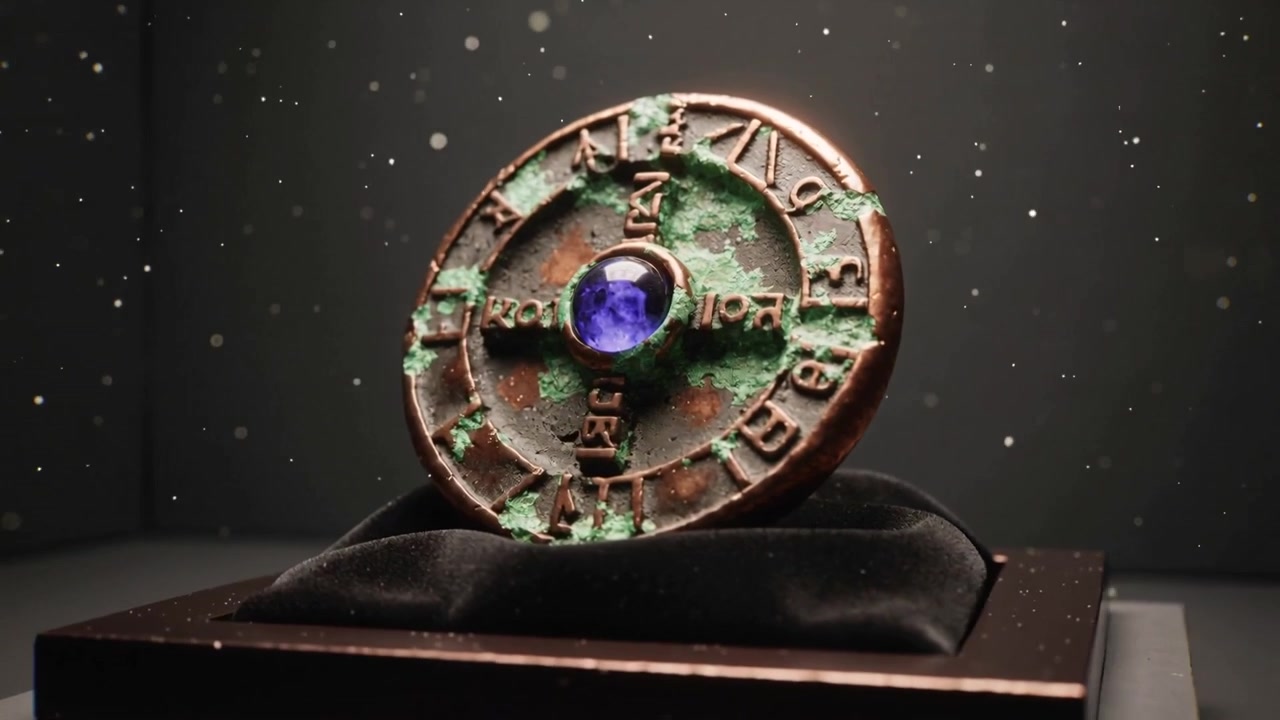 Bevægeligt kamera viser en bronzeskive, der drejer, med grøn patina, runer og en blå ædelsten på en sort fløjlsokkel.