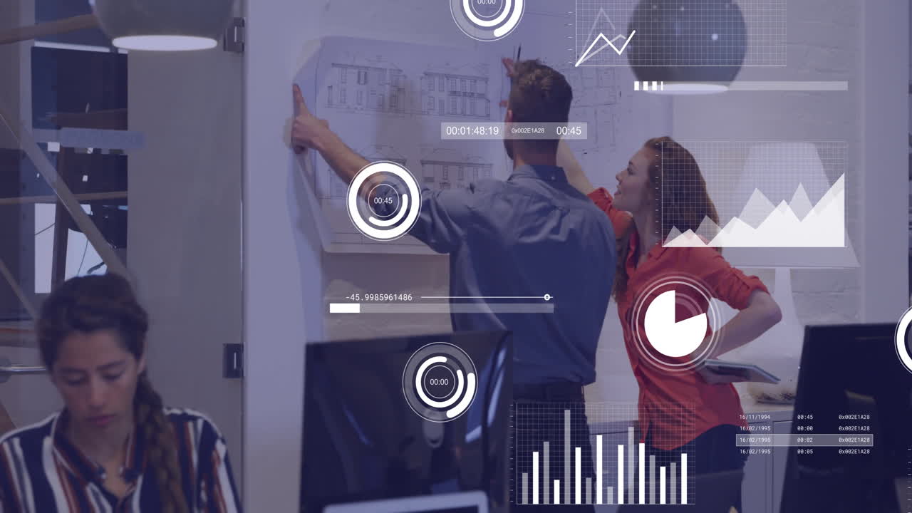 animación del procesamiento de datos financieros sobre diversas personas de negocios en la oficina