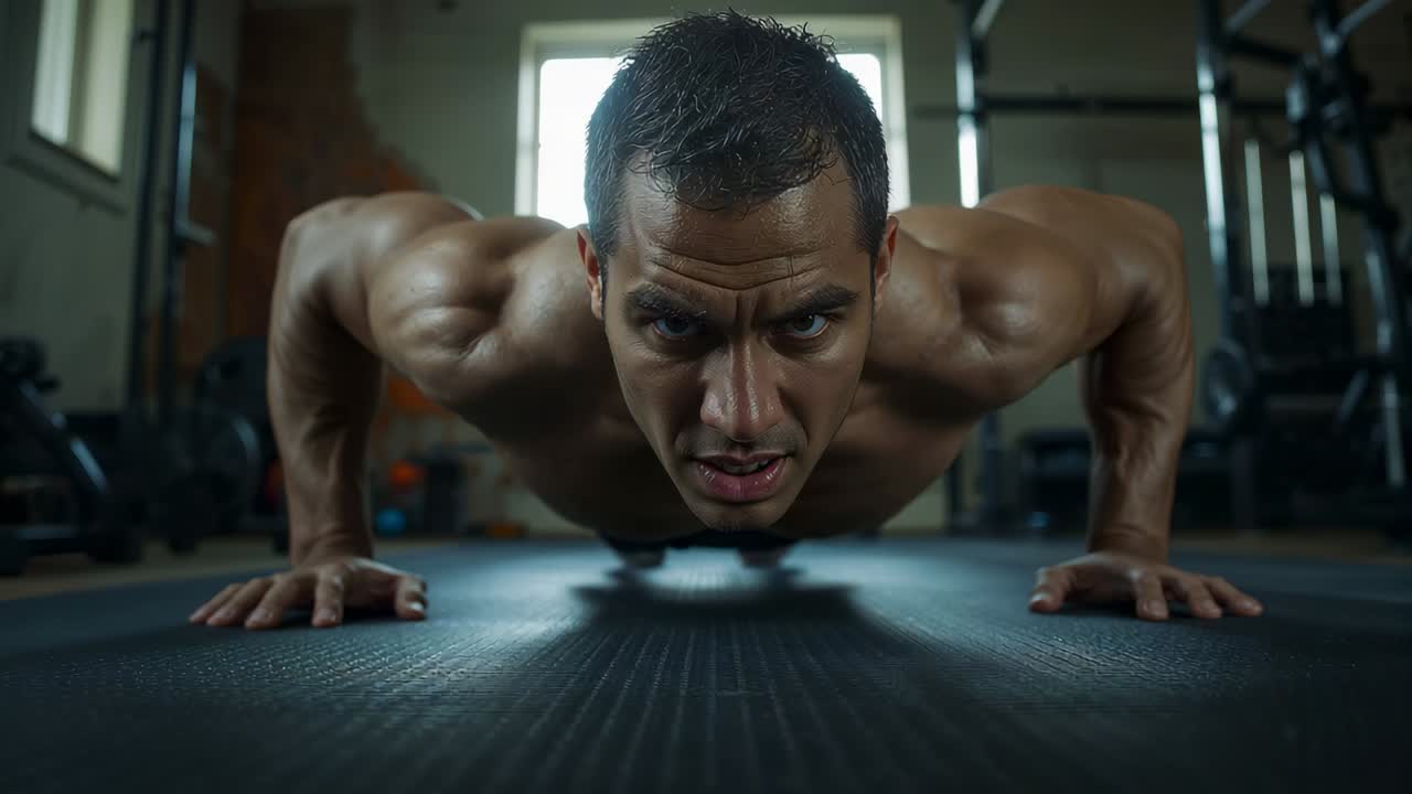 Starting shirtless male athlete pressing chest off black mat in gym, building upperbody strength
