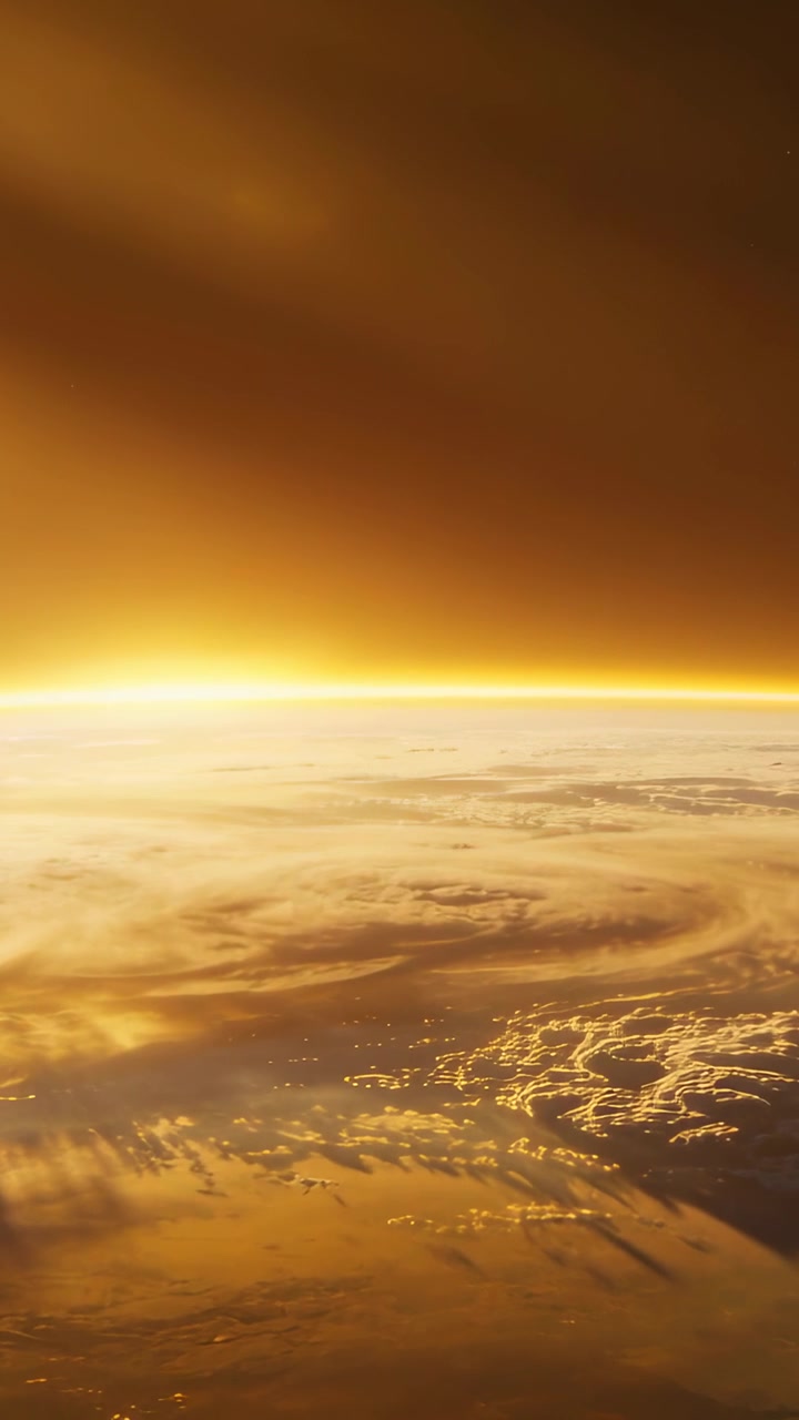 Vertikales Video: Kamera schwenkt über Planeten, zeigt gekrümmten Horizont, Wolken und Rand, mittig bleibend.