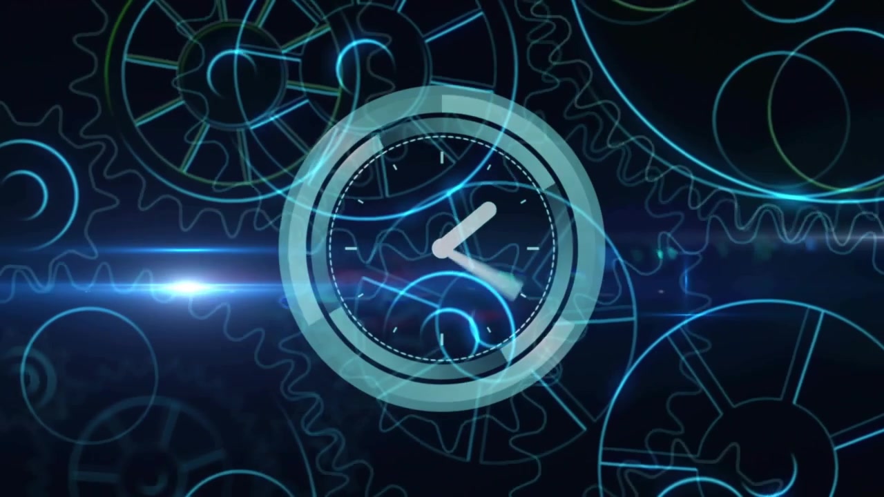 Vertical video: Central clock forming ring, rotating hands, pulsing streaks showing gears for tech