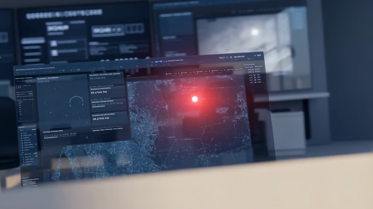 Futuristic Transparent Display in a High-Tech Control Room with Digital Map and Alert