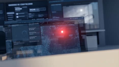 futuristic transparent display in a high-tech control room with digital map and alert
