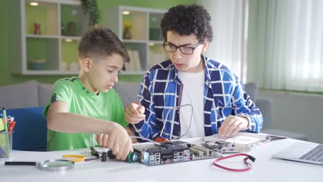 Two-brothers-are-trying-to-fix-the-technological-device.